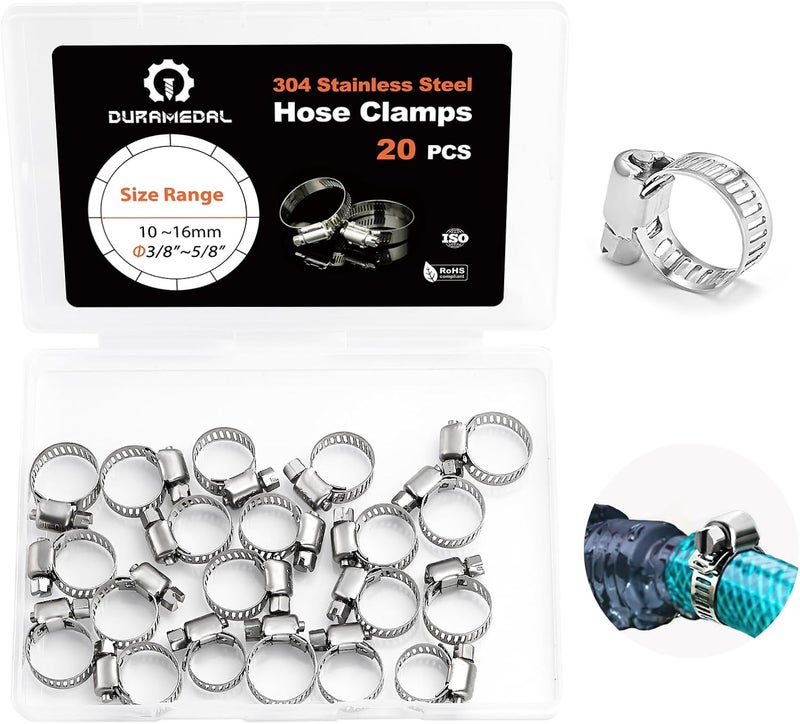Duramedal 20 PCS Hose Clamp 3/8''–5/8'' Stainless Steel Hose Clamps Assortment Kit stainless steel hose clamps for Fuel Line, Plumbing, Automotive, Mechanical Applications, Tube, Garden - Image 1